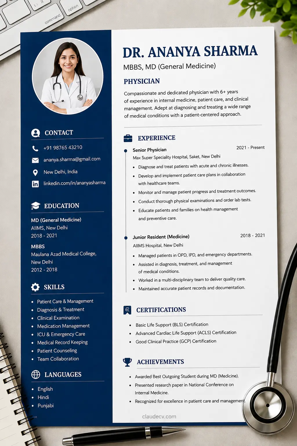 Doctor resume layout example with sections for experience, qualifications, and certifications