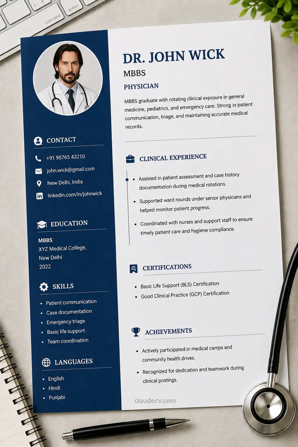 Resume example for a junior doctor with sections for education, clinical experience, and skills